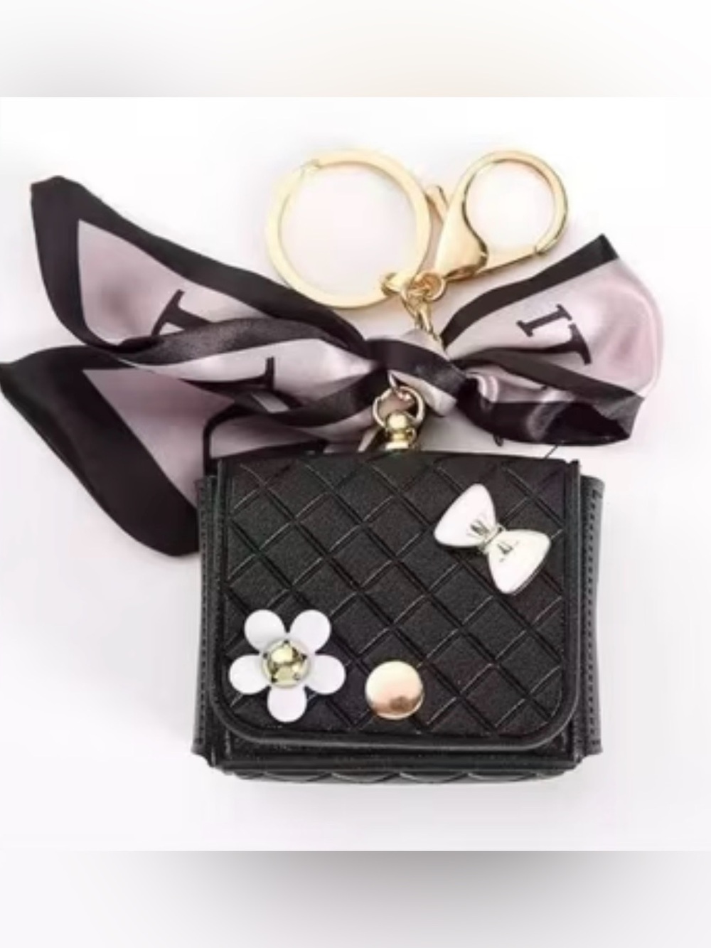 Black Quilted Mini Wallet Keychain with Bow & Flower Accent